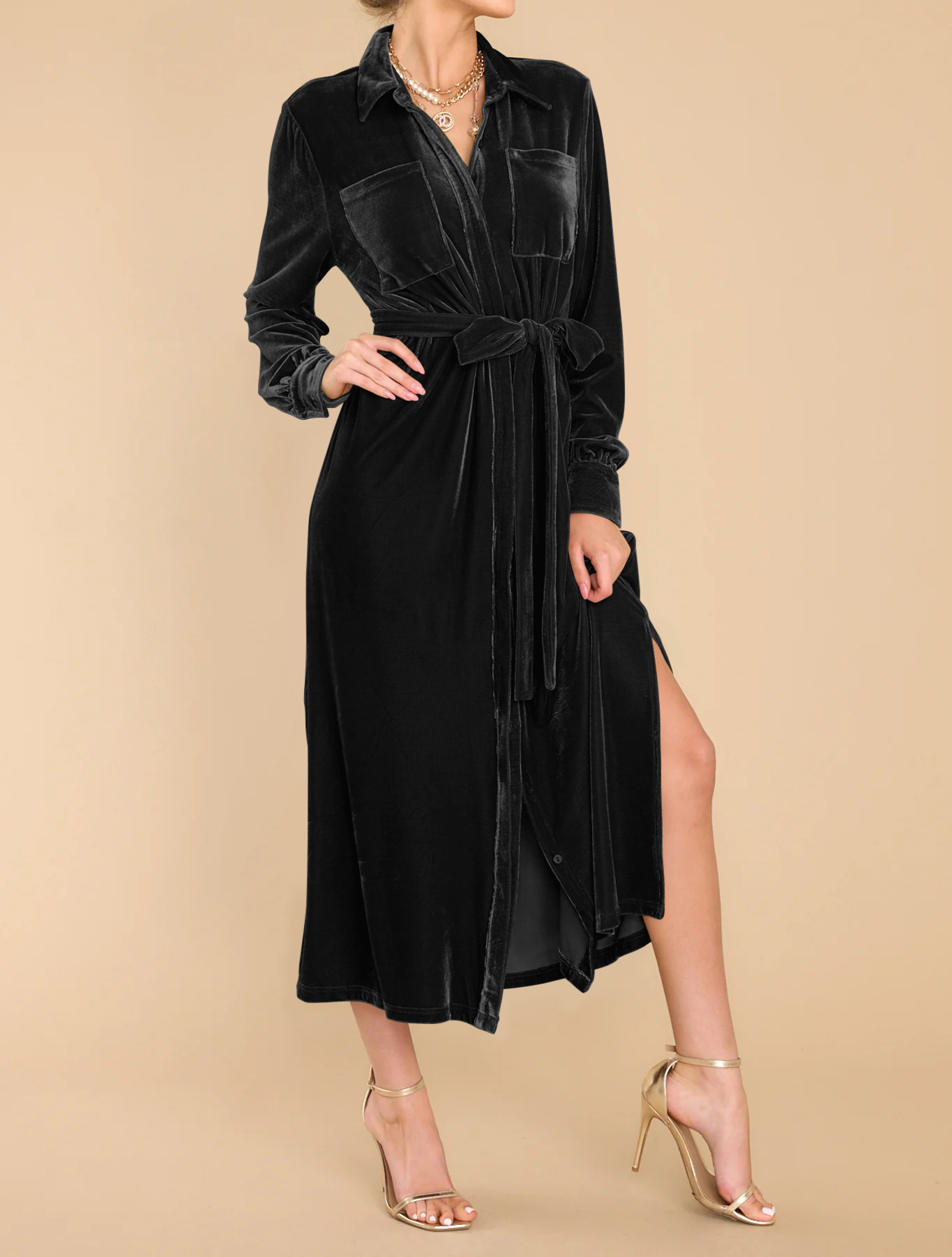 R.Vivimos Women's Fall Long Sleeve Velvet Casual Dresses Button Down Loose Slit Shirt Midi Dress with Belt4
