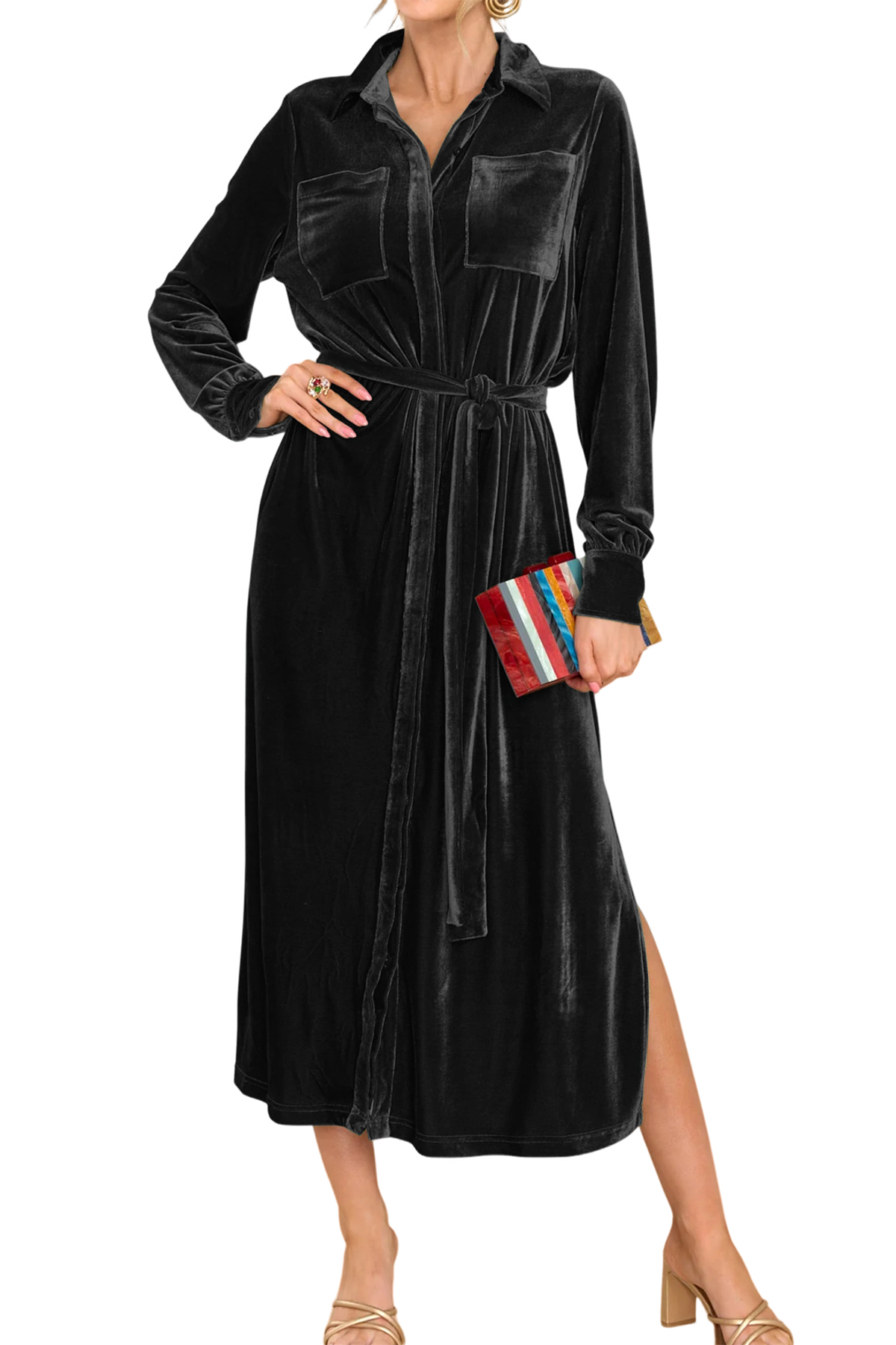 R.Vivimos Women's Fall Long Sleeve Velvet Casual Dresses Button Down Loose Slit Shirt Midi Dress with Belt