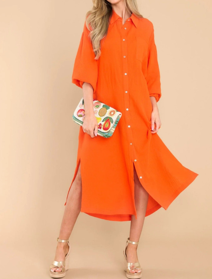 R.Vivimos Women's Long Sleeve Cotton Oversized Dress Casual Button Down Loose Slit Midi Dress with Pocket