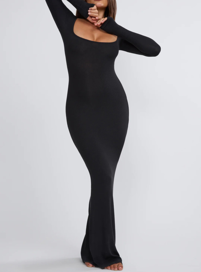 R.Vivimos Women's Maxi Lounge Dress Long Sleeve Square Neck Elastic Ribbed Knit Sexy Bodycon Dress