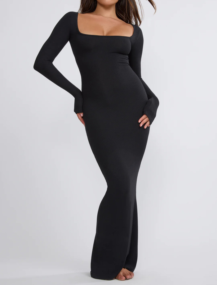 R.Vivimos Women's Maxi Lounge Dress Long Sleeve Square Neck Elastic Ribbed Knit Sexy Bodycon Dress