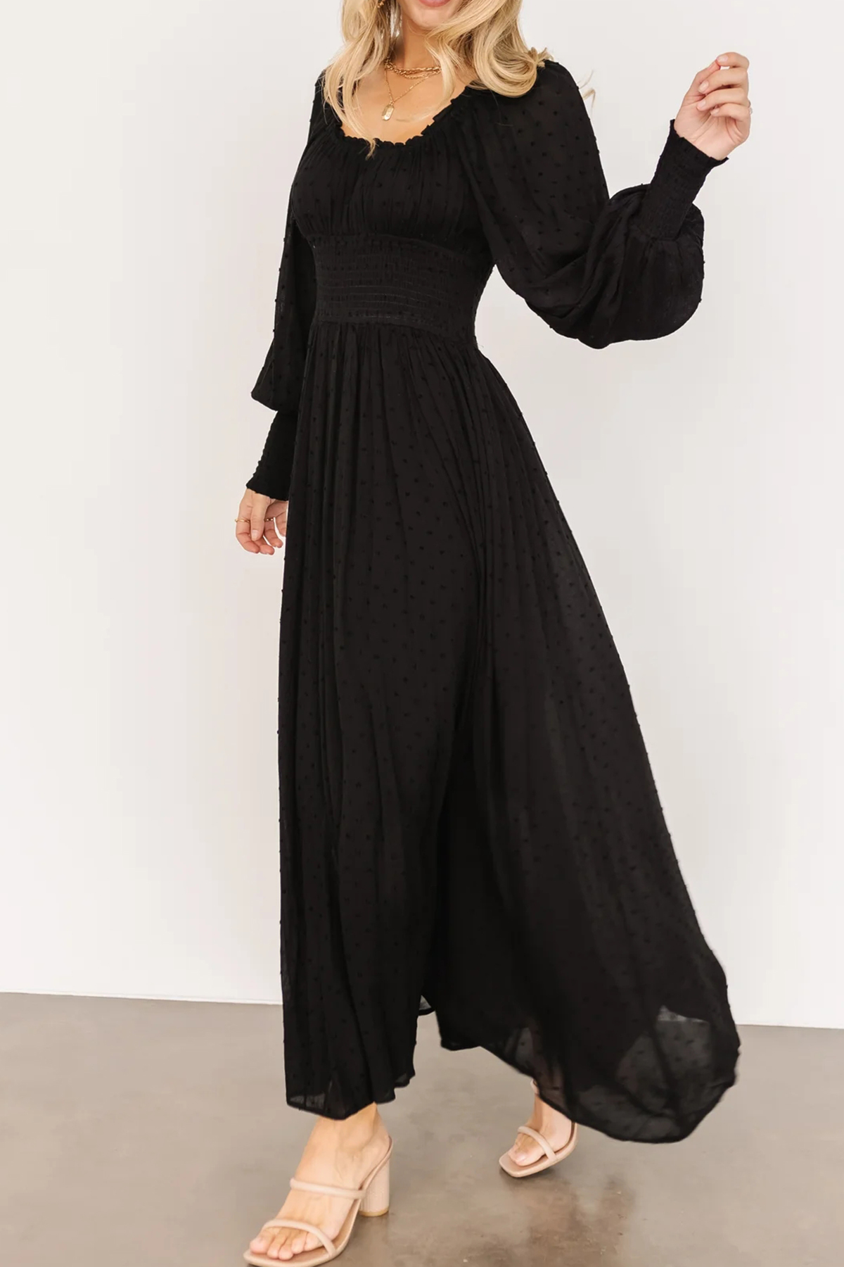 R.Vivimos Women's Puff Long Sleeve Maxi Dress Square Neck Elastic Empire Waist Swiss Dots Casual Flowy A-Line Long Dresses