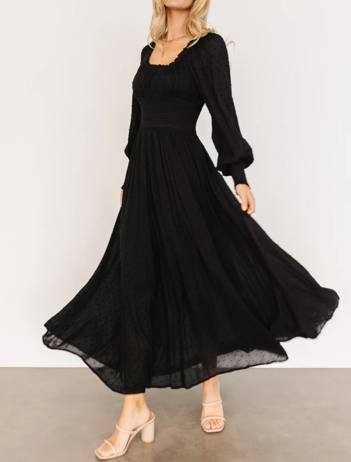 R.Vivimos Women's Puff Long Sleeve Maxi Dress Square Neck Elastic Empire Waist Swiss Dots Casual Flowy A-Line Long Dresses