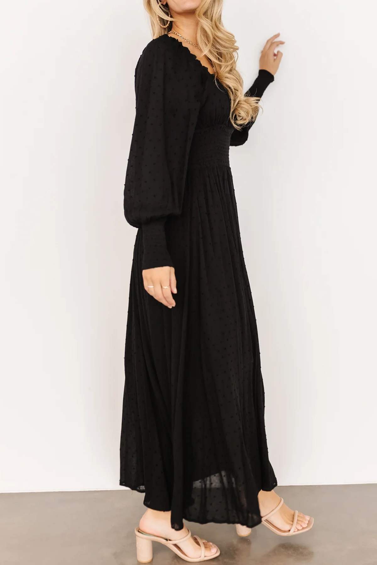 R.Vivimos Women's Puff Long Sleeve Maxi Dress Square Neck Elastic Empire Waist Swiss Dots Casual Flowy A-Line Long Dresses3