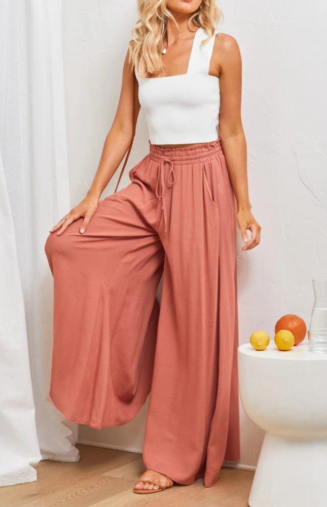 R.Vivimos Women's Wide Leg Lounge Pants Elastic High Waisted Drawstring Tie Casual Flowy Palazzo Pants Trousers with Pockets