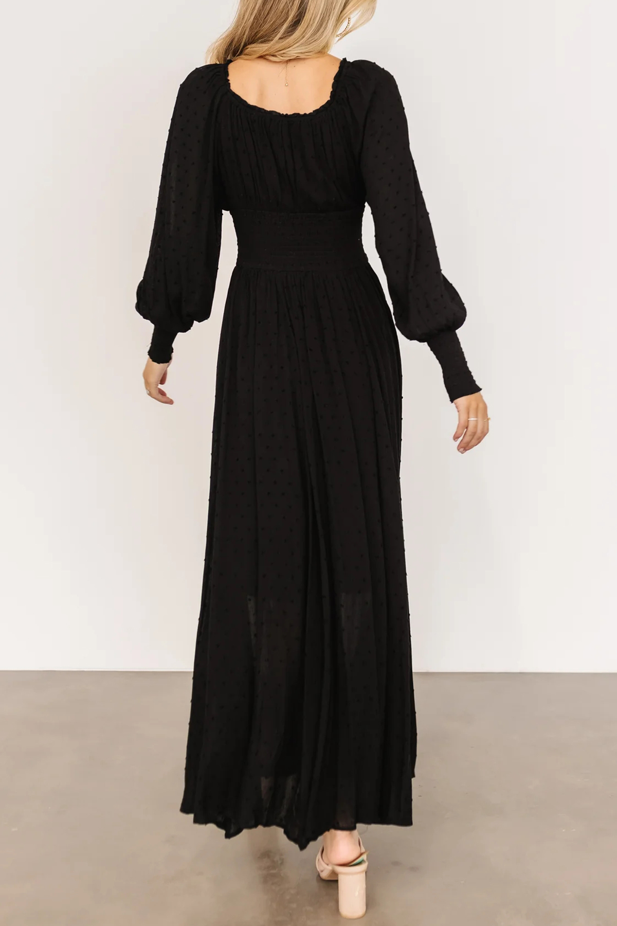 R.Vivimos Women's Puff Long Sleeve Maxi Dress Square Neck Elastic Empire Waist Swiss Dots Casual Flowy A-Line Long Dresses4