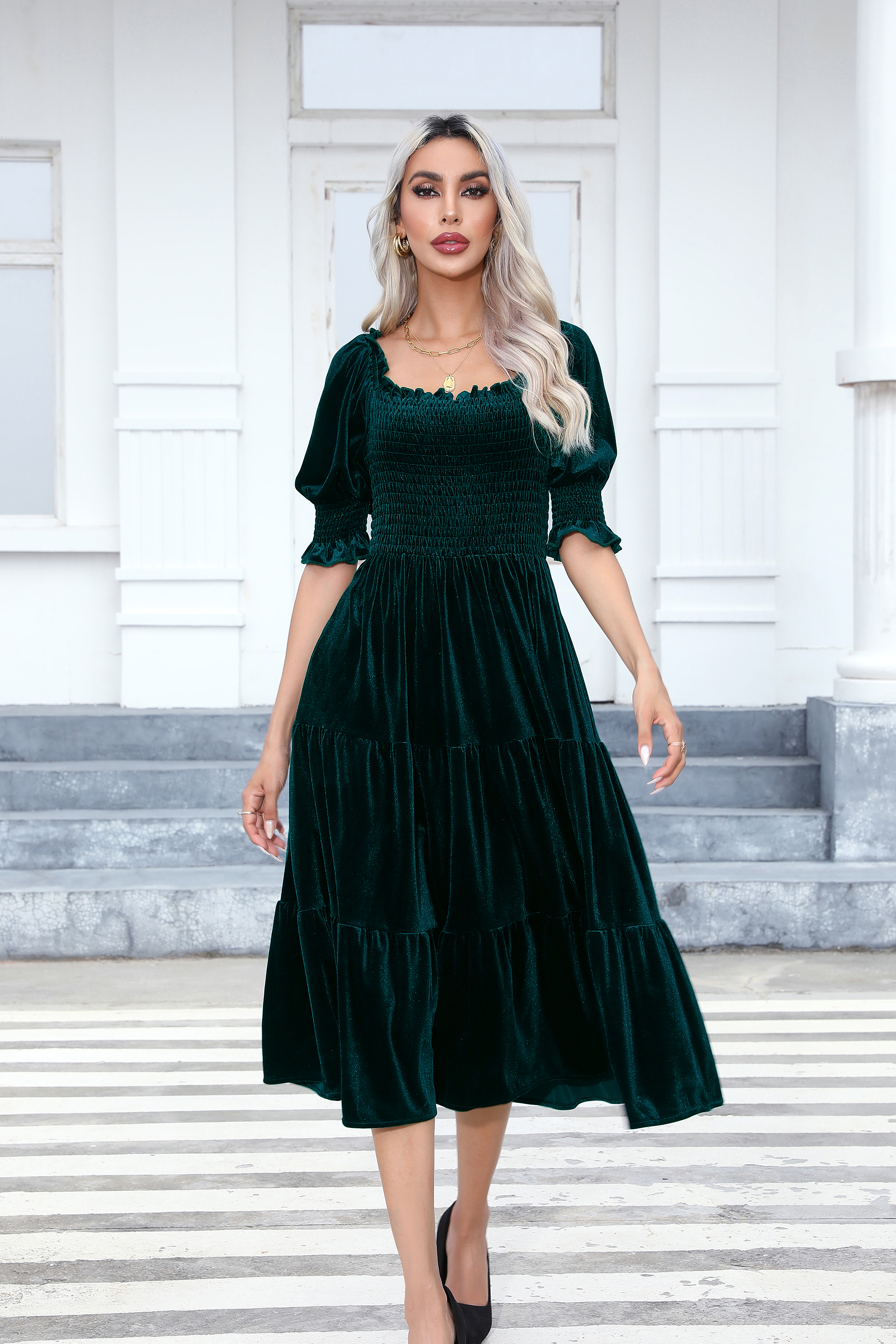 R.Vivimos Womens Fall Winter Velvet Dress Puff Sleeve Square Neck Smocked  Tiered Ruffle A-Line