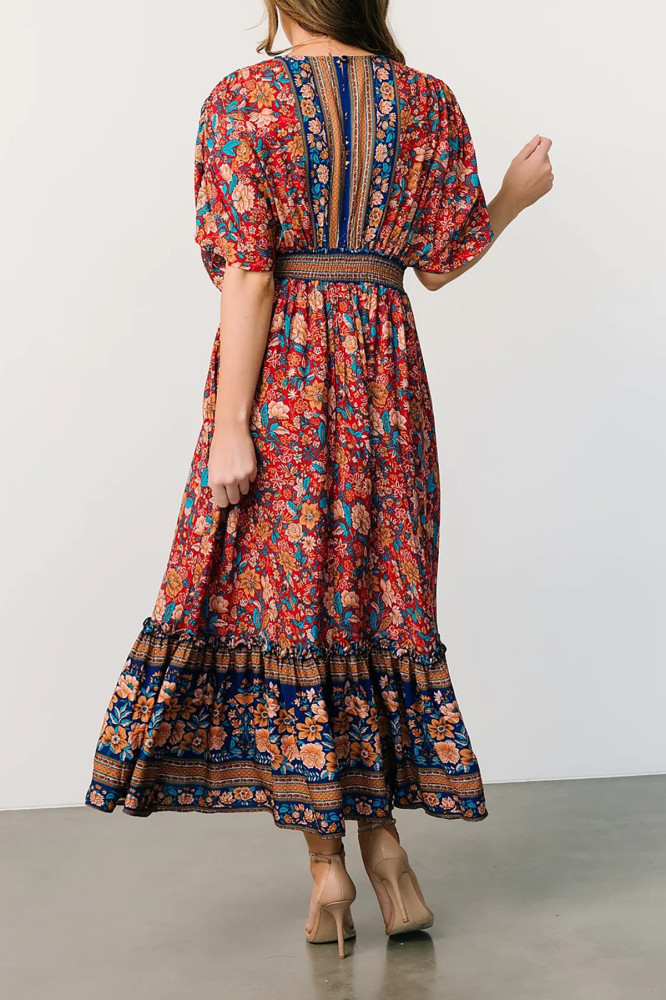 R.Vivimos Women's Summer Boho Floral Print Midi Dress Short Sleeve Deep V Neck Empire Waist Flowy Beach Dress with Pockets