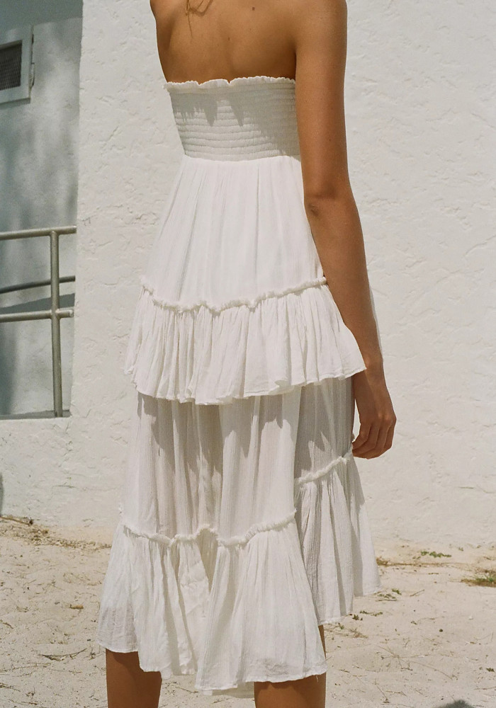 R.Vivimos Long Skirts for Women Summer Boho Smocked Strapless Dress Elastic High Waisted Layered Ruffle Hem Beach Midi Skirt