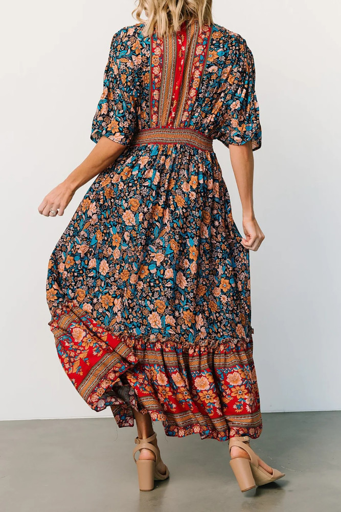 R.Vivimos Women's Summer Boho Floral Print Midi Dress Short Sleeve Deep V Neck Empire Waist Flowy Beach Dress with Pockets