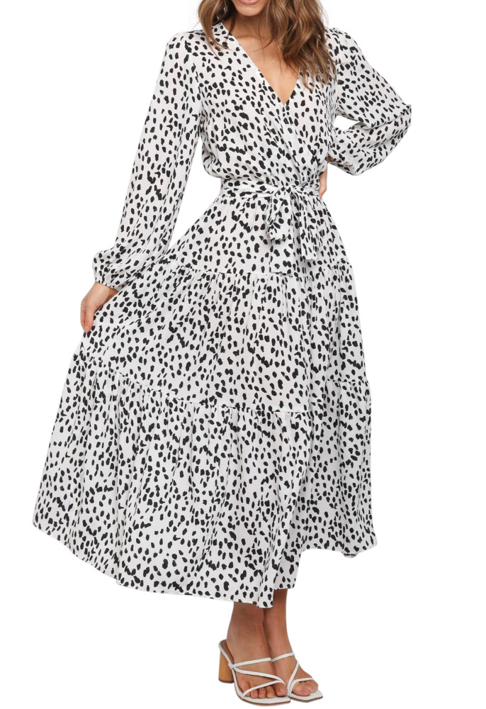 R.Vivimos Women's Fall Long Sleeve Casual Dresses Wrap V Neck Polka Dots Tiered Ruffle Flowy Midi Dress with Belt