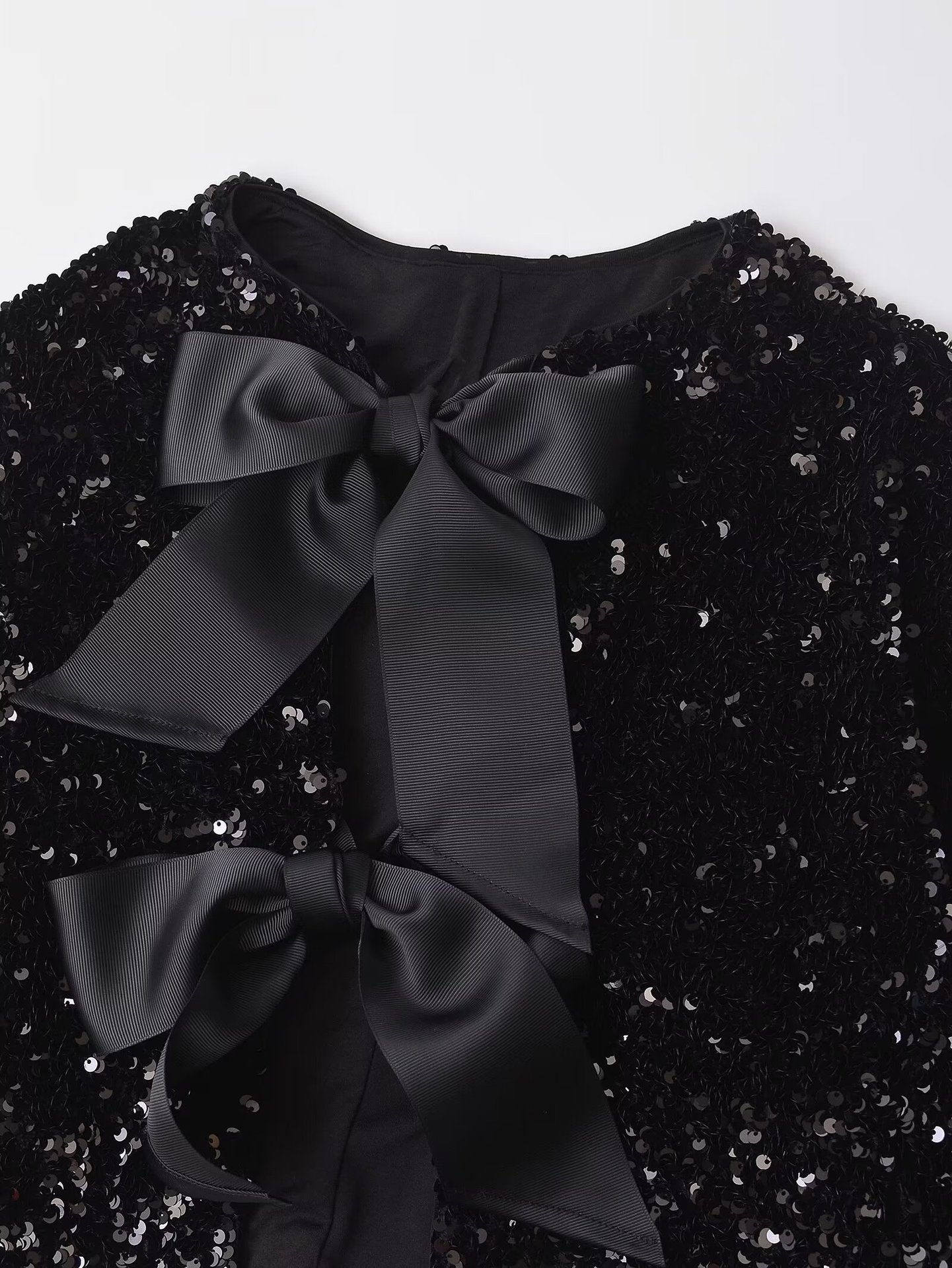 R.Vivimos Women's Long Sleeve Crop Tops Fall Winter Sequin Bow Tie Glitter Fashion Casual Tops Blouses4