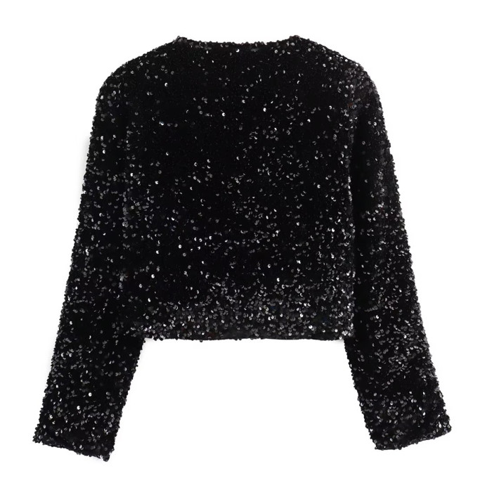 R.Vivimos Women's Long Sleeve Crop Tops Fall Winter Sequin Bow Tie Glitter Fashion Casual Tops Blouses