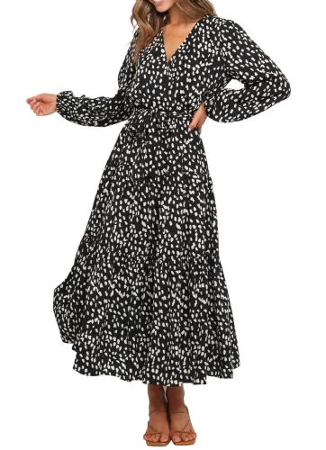 R.Vivimos Women's Fall Long Sleeve Casual Dresses Wrap V Neck Polka Dots Tiered Ruffle Flowy Midi Dress with Belt