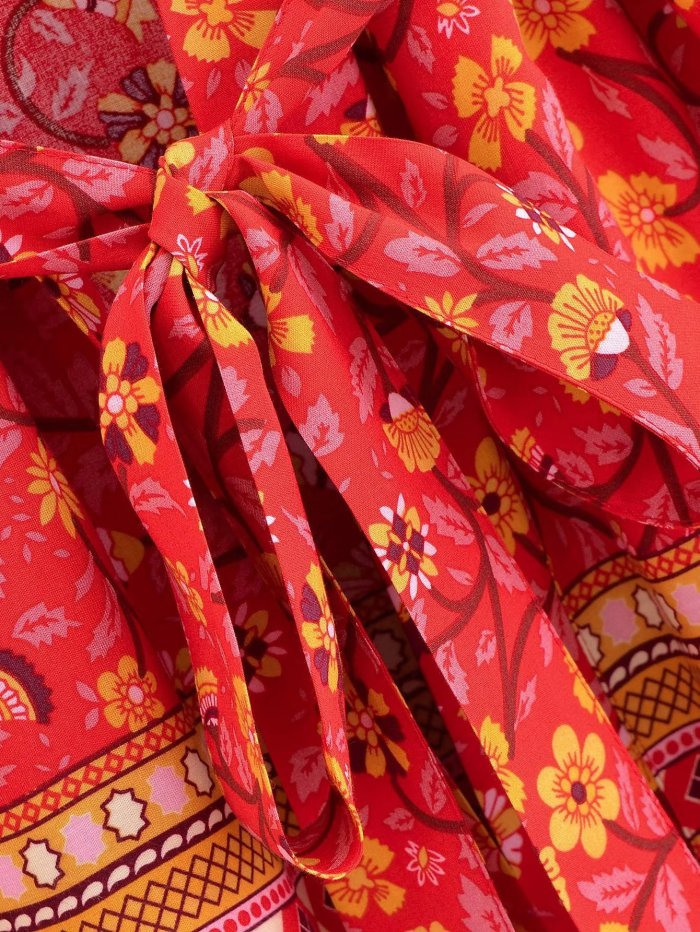 R.Vivimos Beach Cover Ups for Women Vintage Kimono Cardigan Long Sleeve Boho Floral Print Swimsuit Wrap Mini Dress with Belt