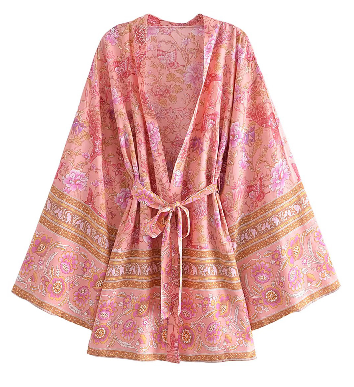 R.Vivimos Beach Cover Ups for Women Vintage Kimono Cardigan Long Sleeve Boho Floral Print Swimsuit Wrap Mini Dress with Belt4