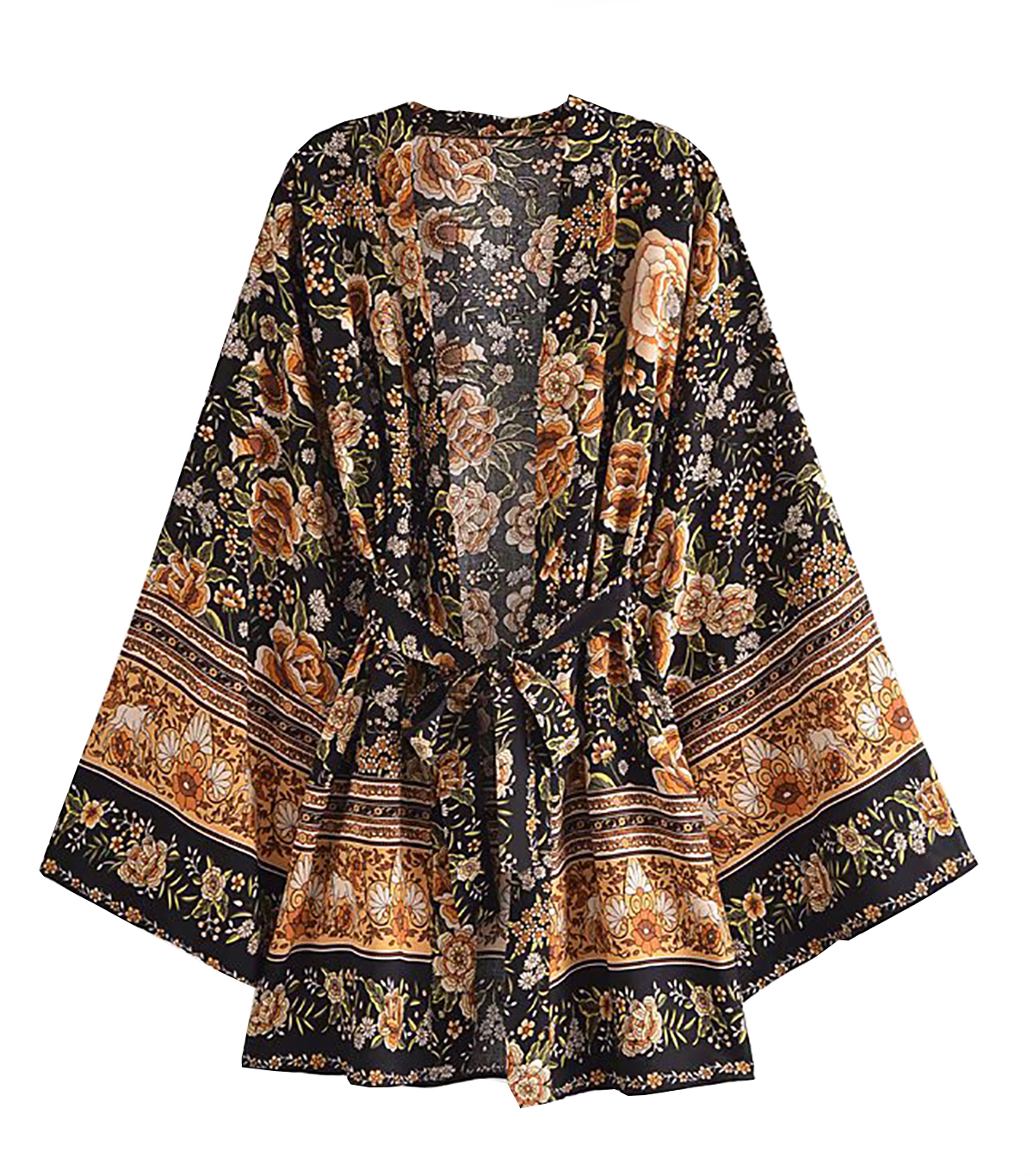 R.Vivimos Beach Cover Ups for Women Vintage Kimono Cardigan Long Sleeve Boho Floral Print Swimsuit Wrap Mini Dress with Belt2