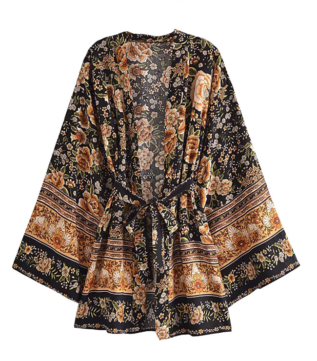 R.Vivimos Beach Cover Ups for Women Vintage Kimono Cardigan Long Sleeve Boho Floral Print Swimsuit Wrap Mini Dress with Belt