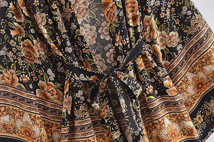 R.Vivimos Beach Cover Ups for Women Vintage Kimono Cardigan Long Sleeve Boho Floral Print Swimsuit Wrap Mini Dress with Belt