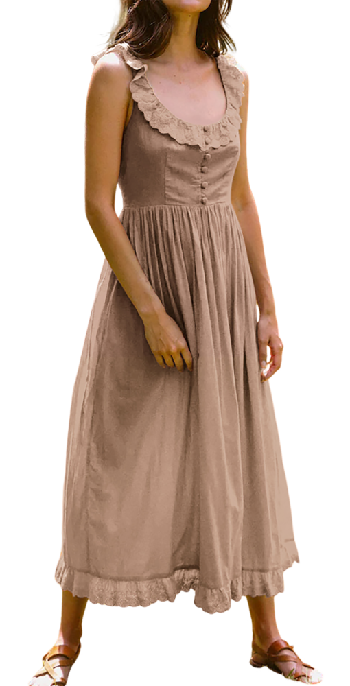 R.Vivimos Womens Summer Cotton Sleeveless Midi Dresses Vintage Lace Trim Button Up Tie Waist Casual A-Line Flowy Long Dresses