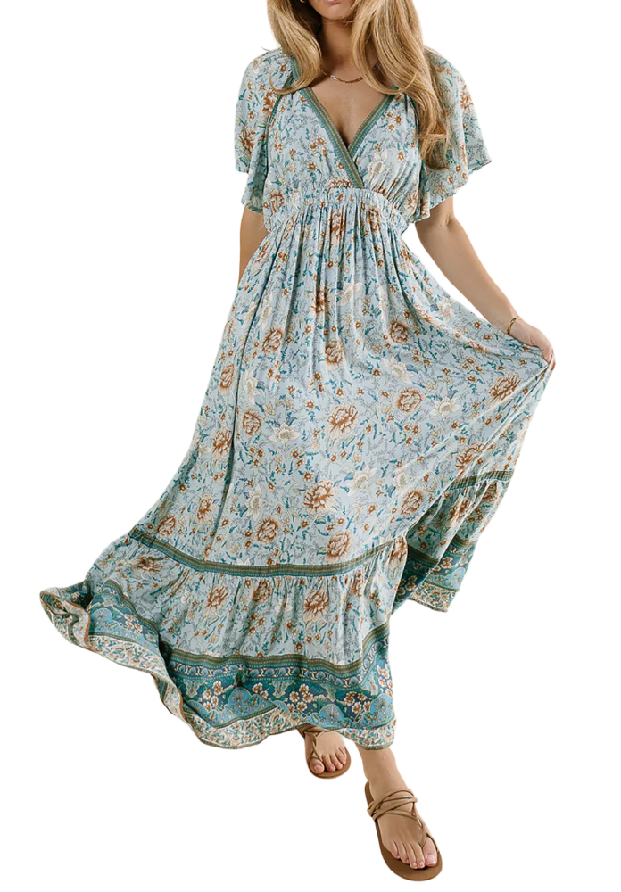 R.Vivimos Women's Summer V Neck Maxi Dress Boho Floral Print Short Sleeve Elastic Waist Ruffle Patchwork A-Line Beach Dress