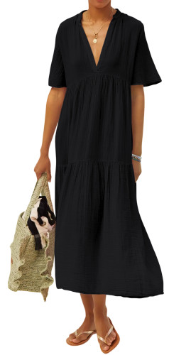 R.Vivimos Womens Summer Cotton Flowy Maxi Dress Short Sleeve V Neck Empire Waist Boho Tiered Ruffle Casual Loose Long Dresses