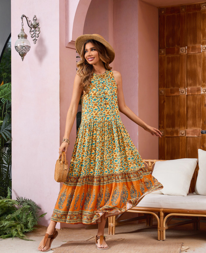 R.Vivimos Women's Summer Sleeveless Floral Print Button Up Bohemian Flowy Maxi Dresses