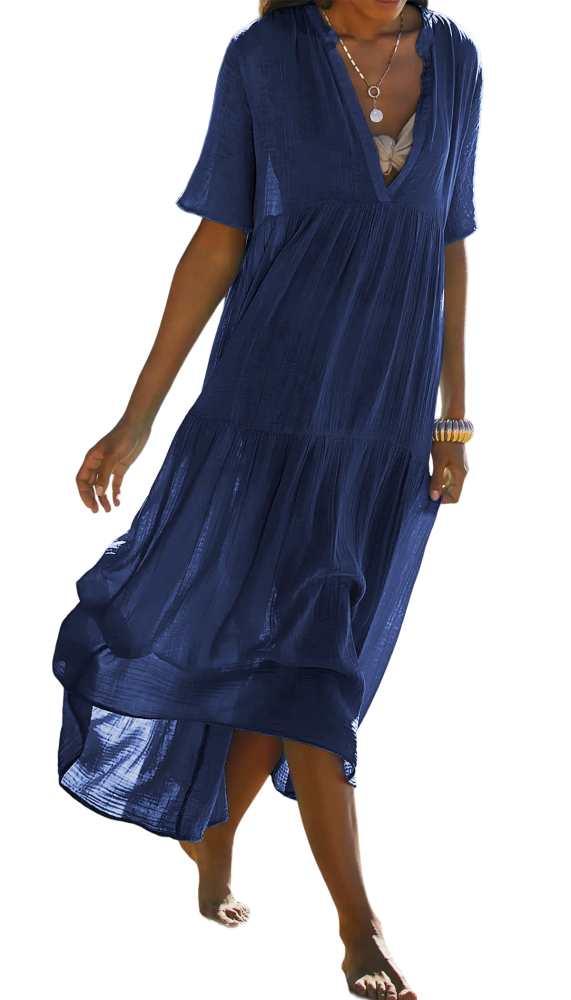 R.Vivimos Womens Summer Cotton Flowy Maxi Dress Short Sleeve V Neck Empire Waist Boho Tiered Ruffle Casual Loose Long Dresses