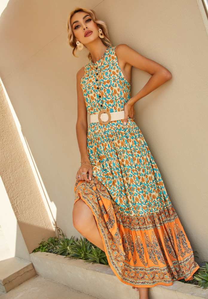 R.Vivimos Women's Summer Sleeveless Floral Print Button Up Bohemian Flowy Maxi Dresses
