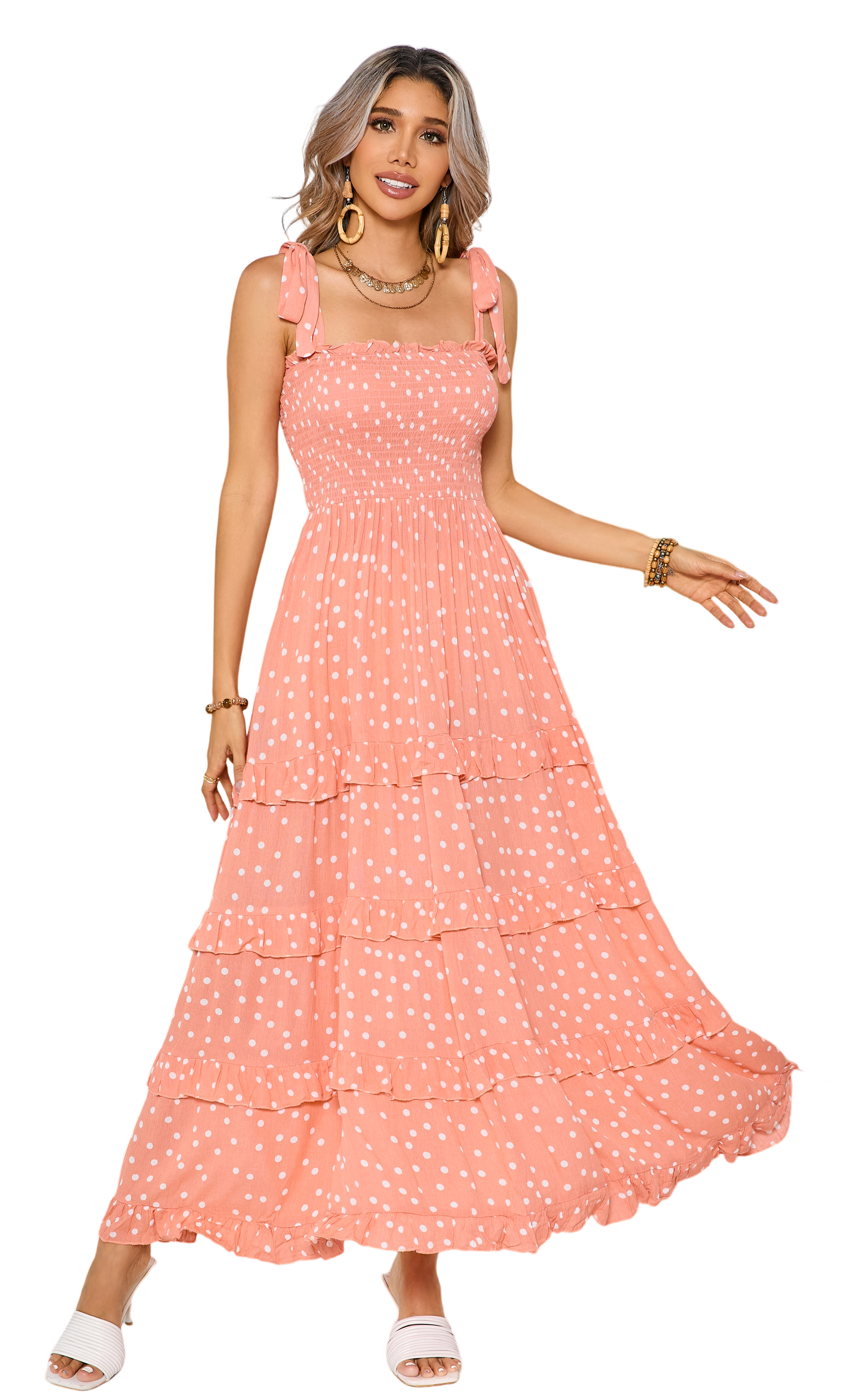 R.Vivimos Women's Summer Straps Cotton Irregular Polka Dot Ruffles Midi Dress3