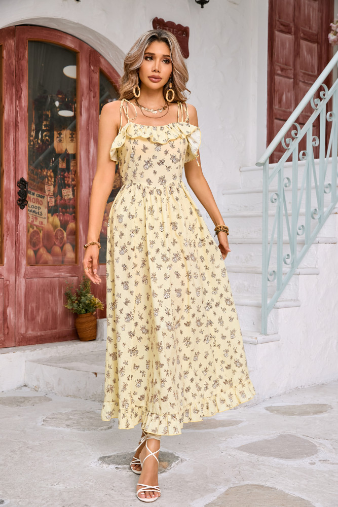 R.Vivimos Womens Summer Boho Midi Dress Cotton Floral Print Adjustable Spaghetti Strap Casual A-Line Ruffle Flowy Beach Dress