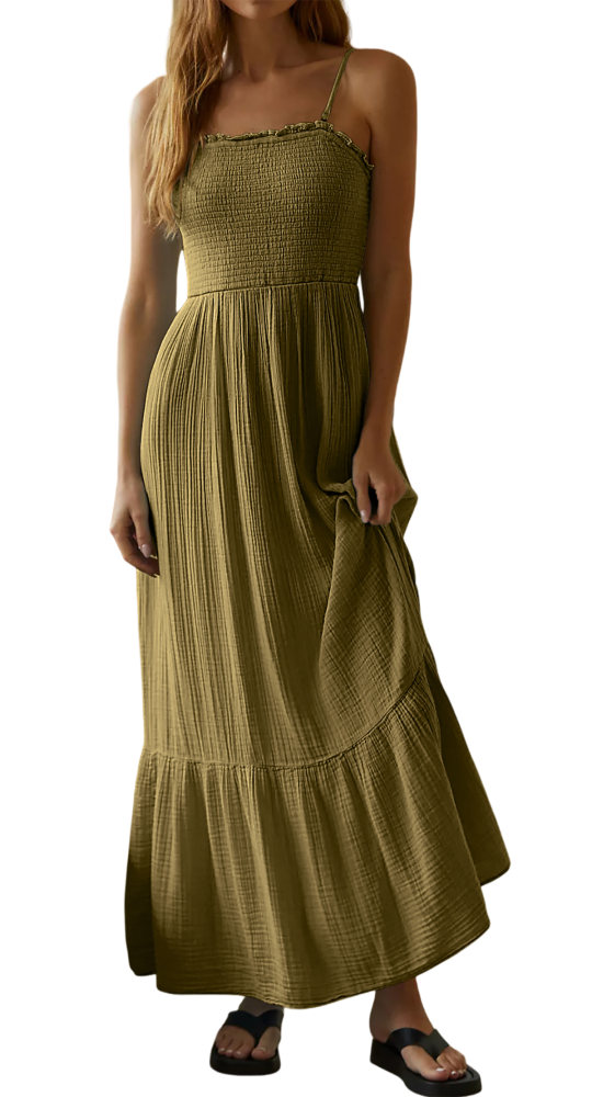 R.Vivimos Womens Summer Boho Cotton Maxi Dress Adjustable Spaghetti Strap Elastic Smocked Casual Ruffle Hem Flowy Beach Dress