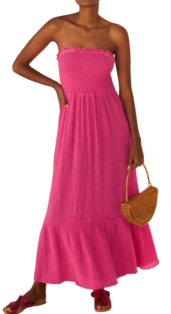 R.Vivimos Womens Summer Boho Cotton Maxi Dress Adjustable Spaghetti Strap Elastic Smocked Casual Ruffle Hem Flowy Beach Dress