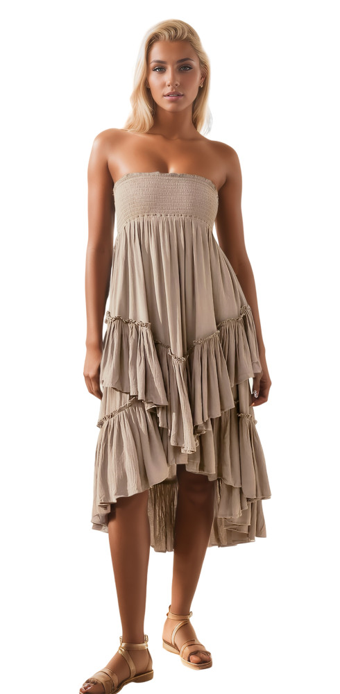 R.Vivimos Long Skirts for Women Summer Boho Smocked Strapless Dress Elastic High Waisted Layered Ruffle Hem Beach Midi Skirt