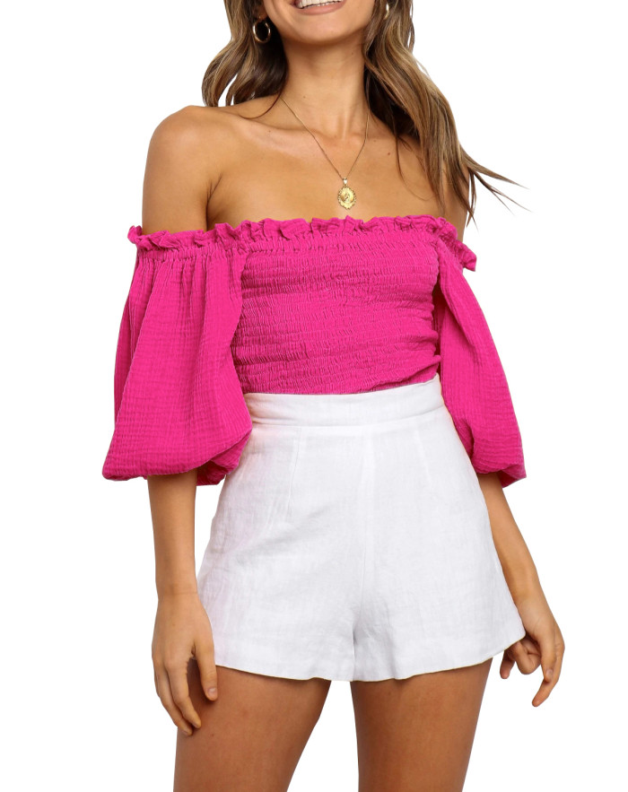 R.Vivimos Women's Summer Linen Short Sleeves Off The Shoulder Crop Tops Ruffle Slim Blouses