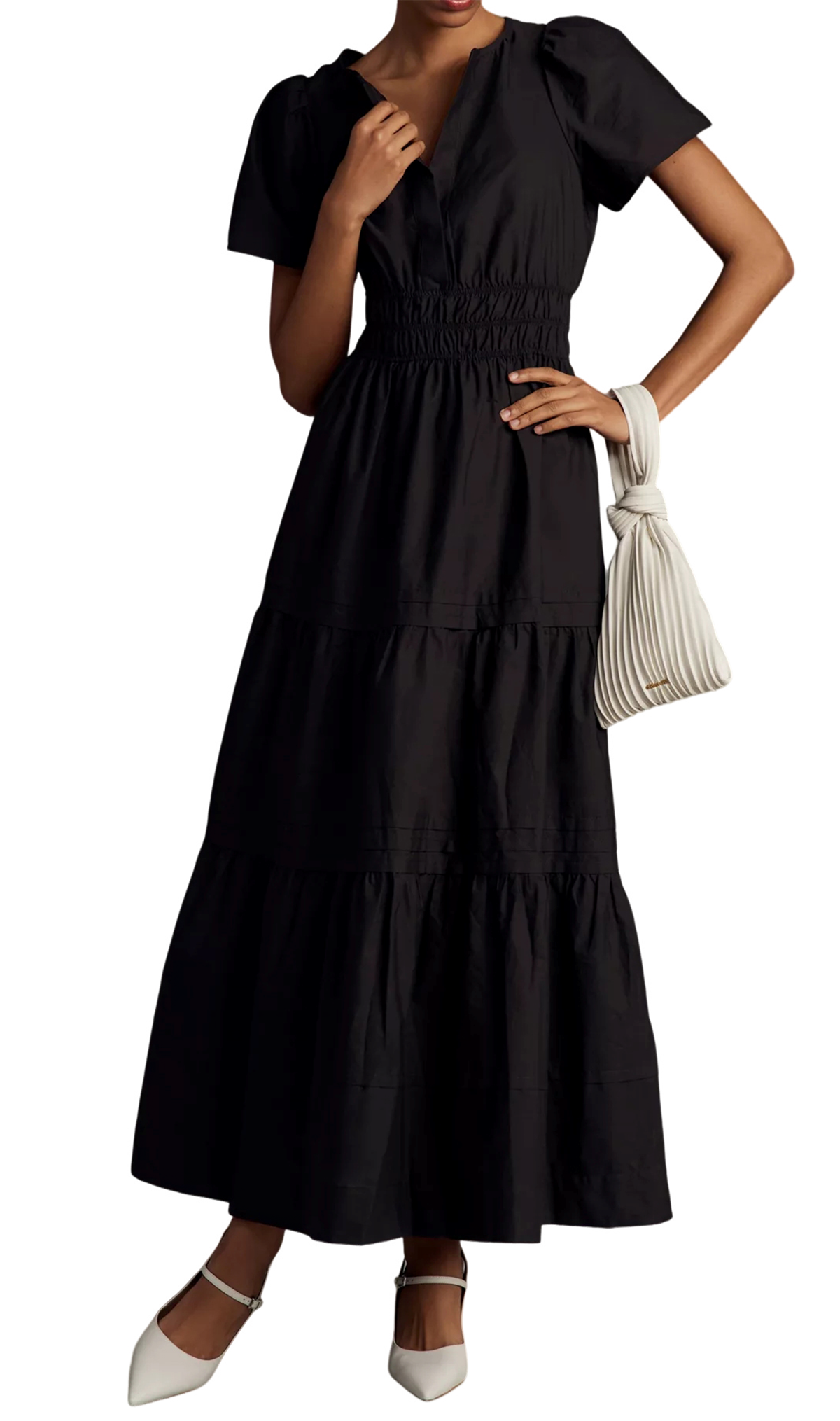 R.Vivimos Women's Summer Cotton V Neck Short Sleeve Boho Floral Print Elastic Smocked Waist A-Line Midi Dress with Pockets2