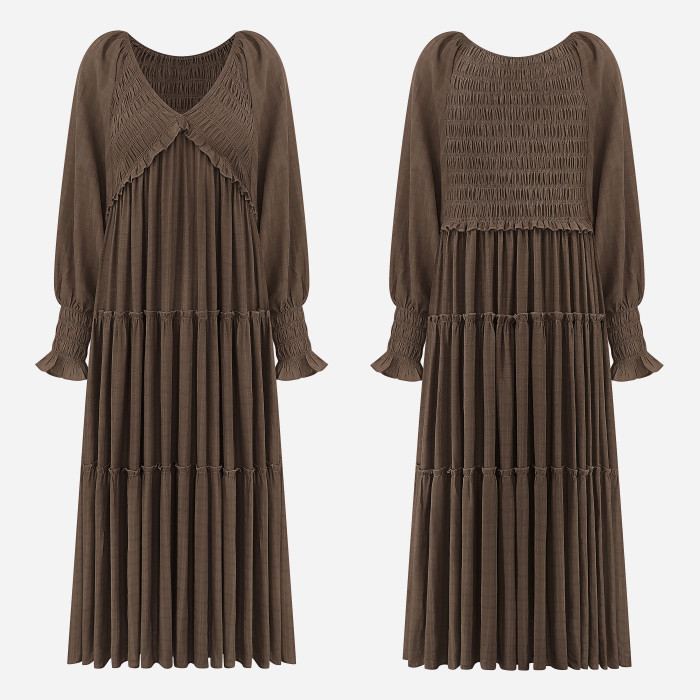 R.Vivimos Maxi Dress for Women Long Sleeve V Neck Empire Waist Layered Ruffle Boho Casual Flowy Long Dresses