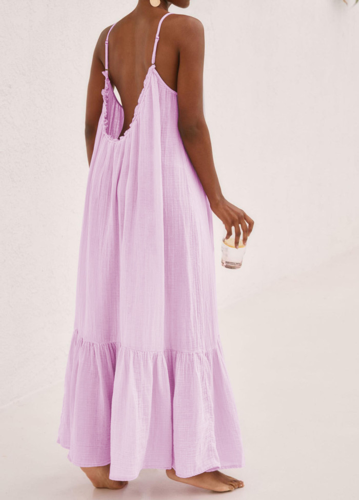 R.Vivimos Women's Summer Cotton Maxi Dress Adjustable Spaghetti Strap Boho Casual Backless Ruffle Loose Fit Flowy Dress