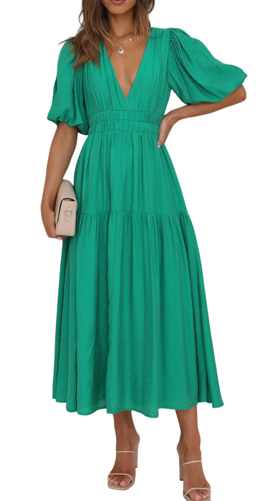 R.Vivimos Summer Dresses for Women 2024 Puff Sleeve Deep V Neck Elastic Waist Casual A Line Tiered Flowy Midi Dress