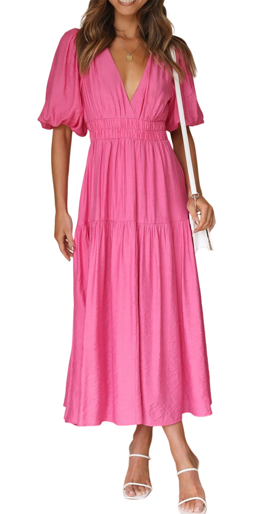 R.Vivimos Summer Dresses for Women 2024 Puff Sleeve Deep V Neck Elastic Waist Casual A Line Tiered Flowy Midi Dress
