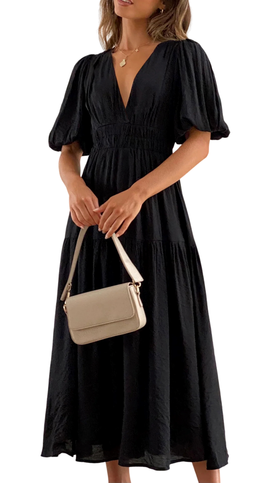 R.Vivimos Summer Dresses for Women 2024 Puff Sleeve Deep V Neck Elastic Waist Casual A Line Tiered Flowy Midi Dress