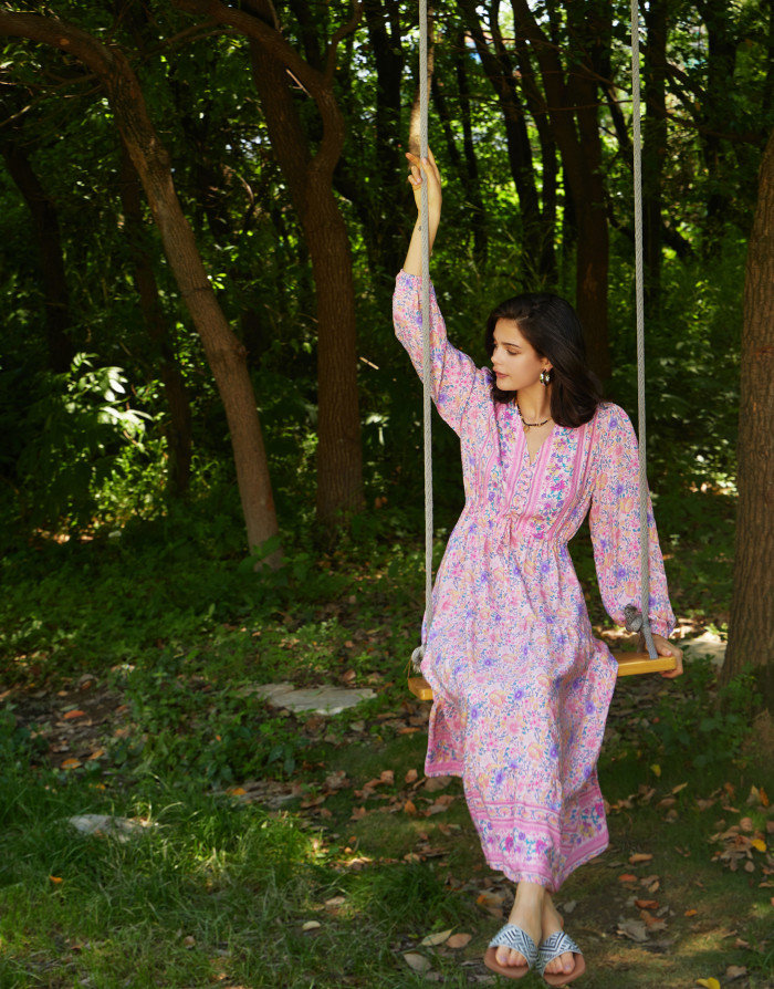 R.Vivimos Women's Long Sleeve Cotton V-Neck Button Up Floral Print Boho Flowy Midi Dresses