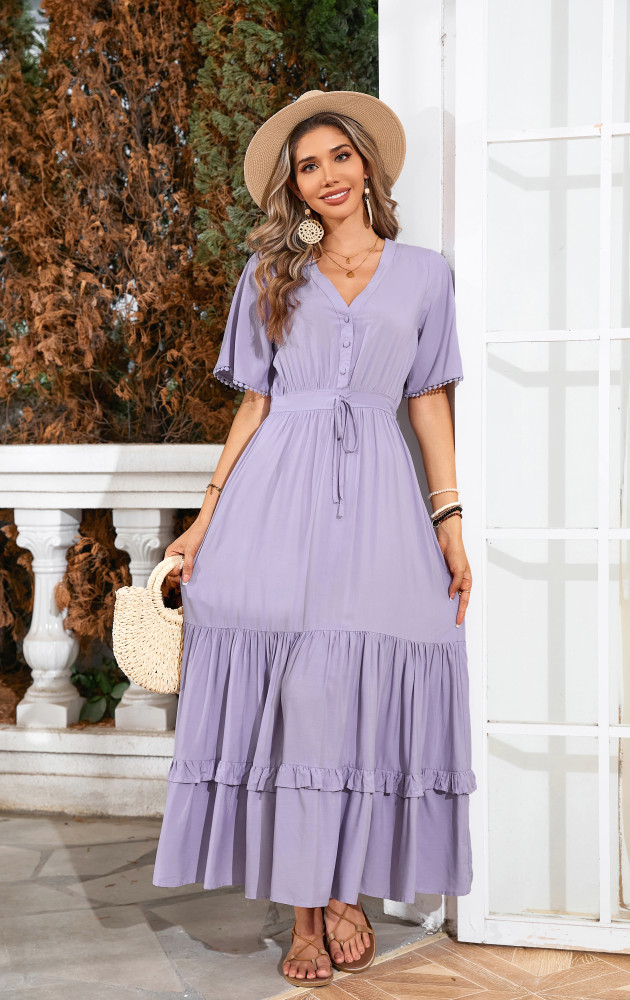 R.Vivimos Womens Summer Cotton Short Sleeve V Neck Floral Print Casual Bohemian Long Dresses