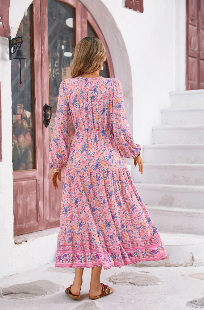 R.Vivimos Women's Long Sleeve Cotton V-Neck Button Up Floral Print Boho Flowy Midi Dresses