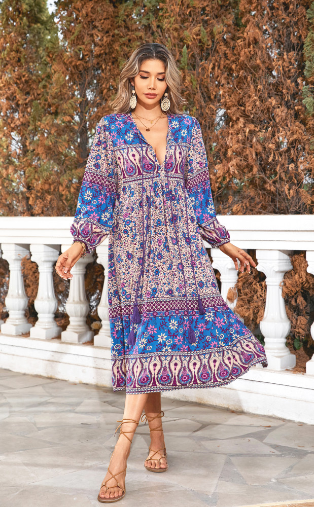 R.Vivimos Women's Long Sleeve Floral Print Retro V Neck Tassel Bohemian Midi Dresses