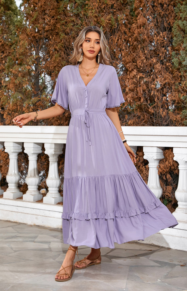 R.Vivimos Womens Summer Cotton Short Sleeve V Neck Floral Print Casual Bohemian Long Dresses
