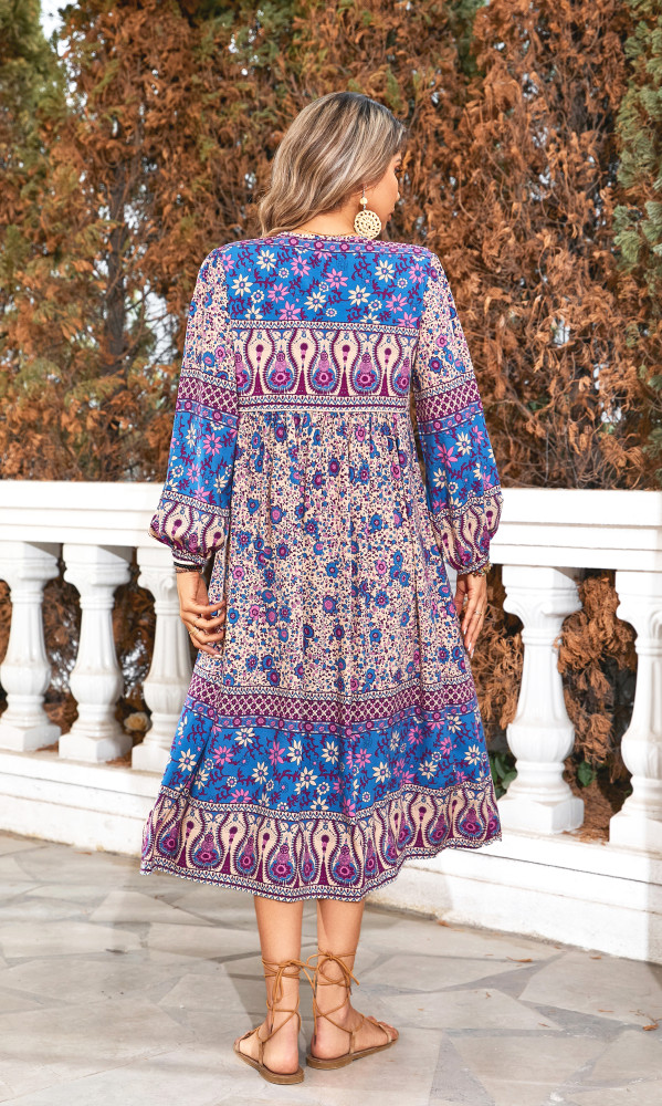 R.Vivimos Women's Long Sleeve Floral Print Retro V Neck Tassel Bohemian Midi Dresses