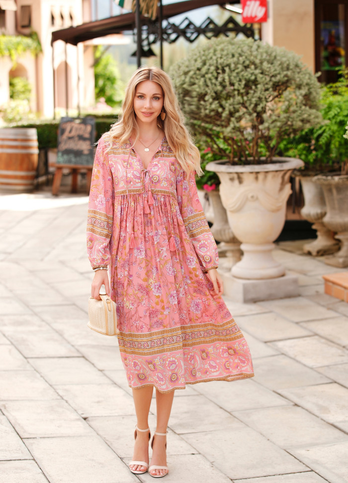 R.Vivimos Women's Long Sleeve Floral Print Retro V Neck Tassel Bohemian Midi Dresses