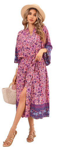 R.Vivimos Women's Vintage Floral Print Beach Boho Cardigan Kimono Maxi Swimwear Cover up Dress Wrap