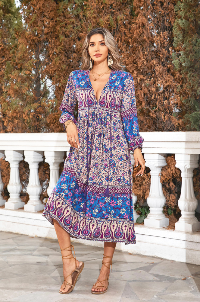 R.Vivimos Women's Long Sleeve Floral Print Retro V Neck Tassel Bohemian Midi Dresses